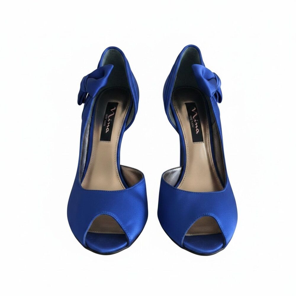 Nina New York Blue Satin Peep Toe Wedge Heels Bow Women’s 7M Formal